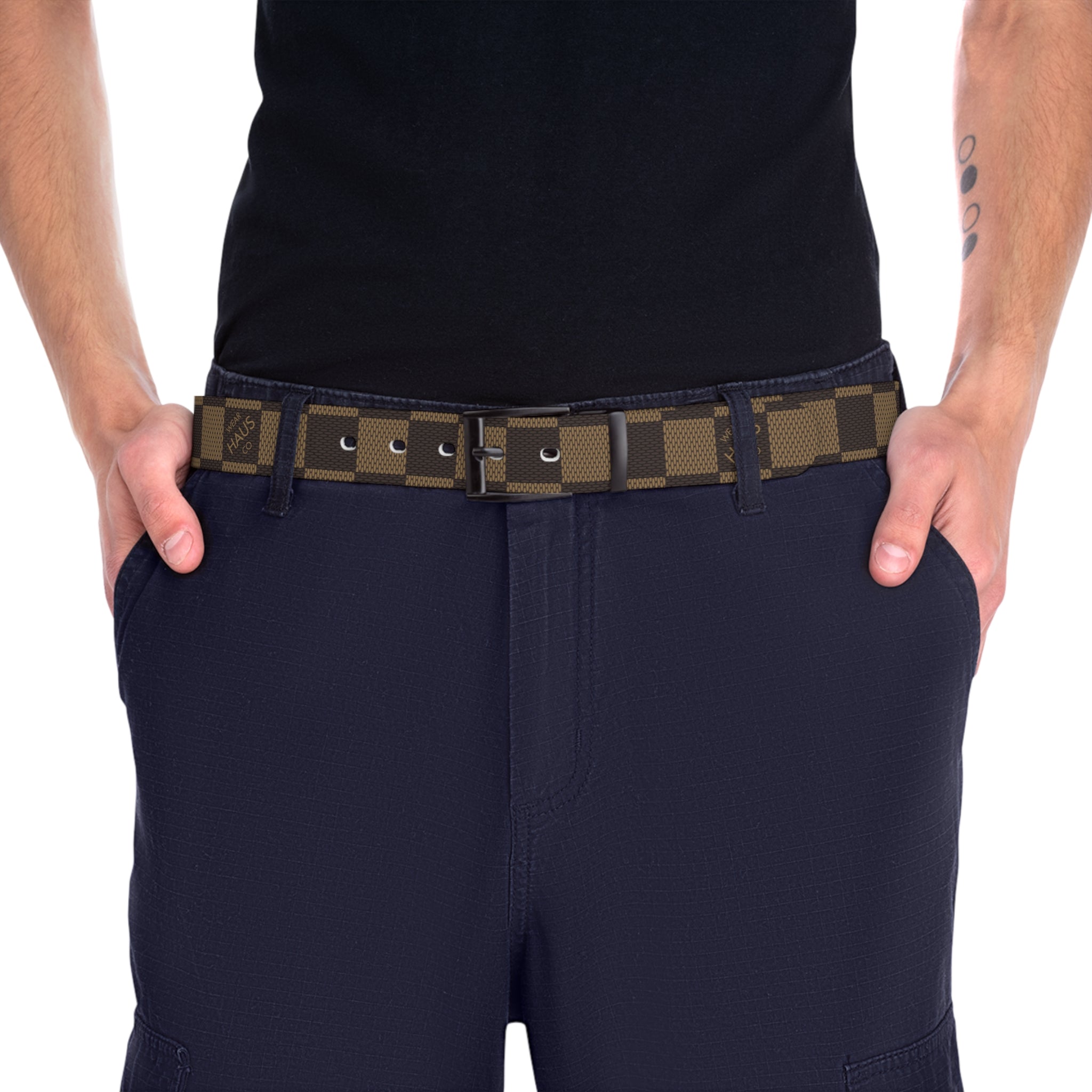 Checkered Brown Fashion Belt — Classic Plaid Casual Waist Accessory