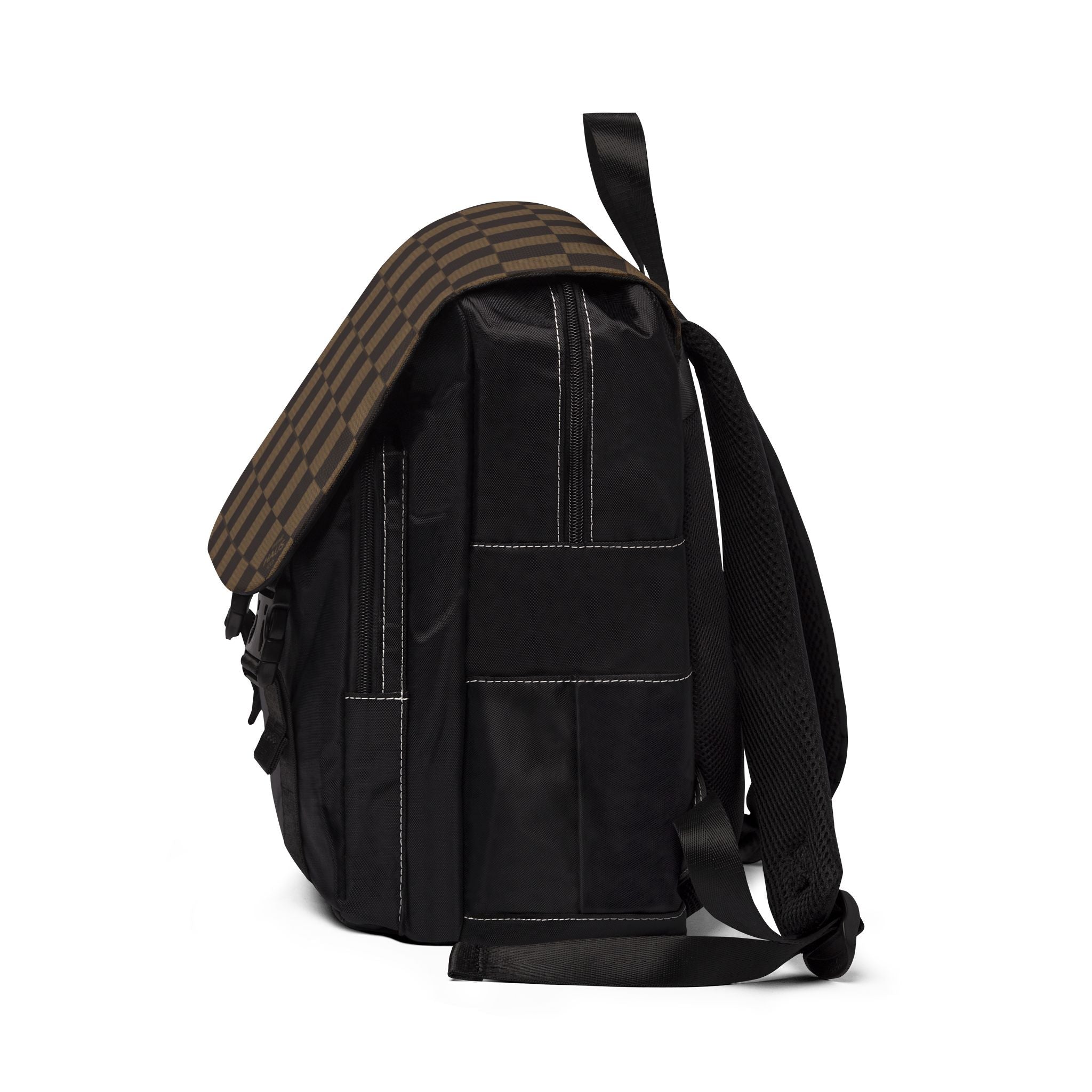 Checkerboard Canvas Shoulder Backpack — Brown Plaid Casual Travel Pack
