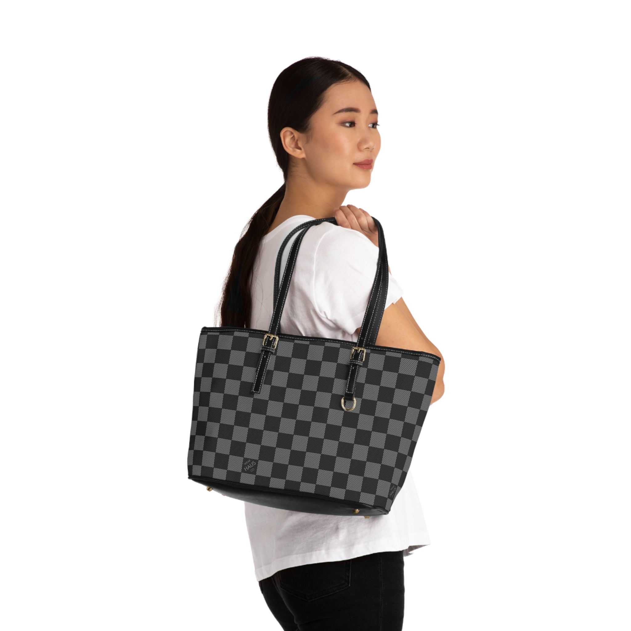 Checkerboard PU Leather Shoulder Bag — Black Gray Tote