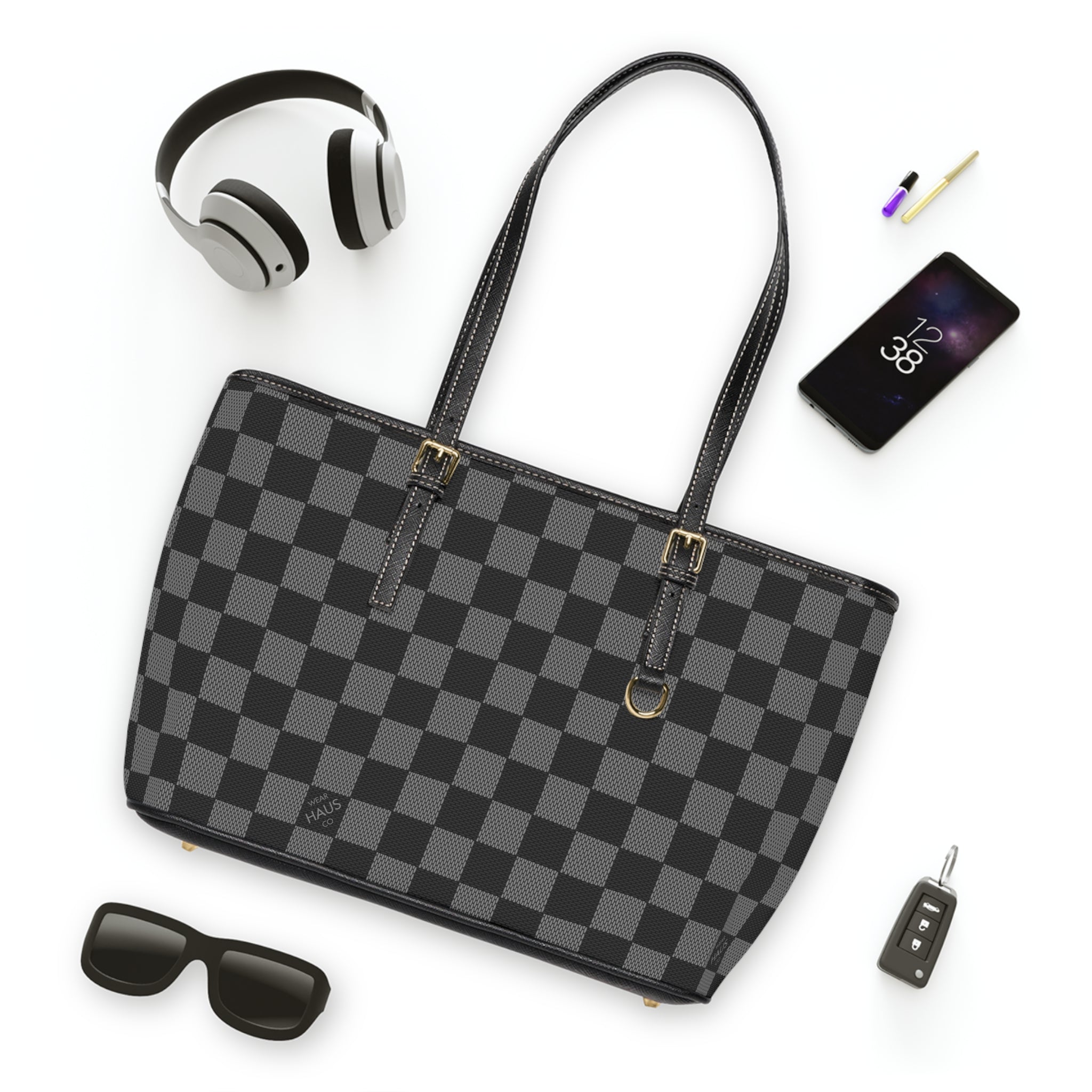 Checkerboard PU Leather Shoulder Bag — Black Gray Tote