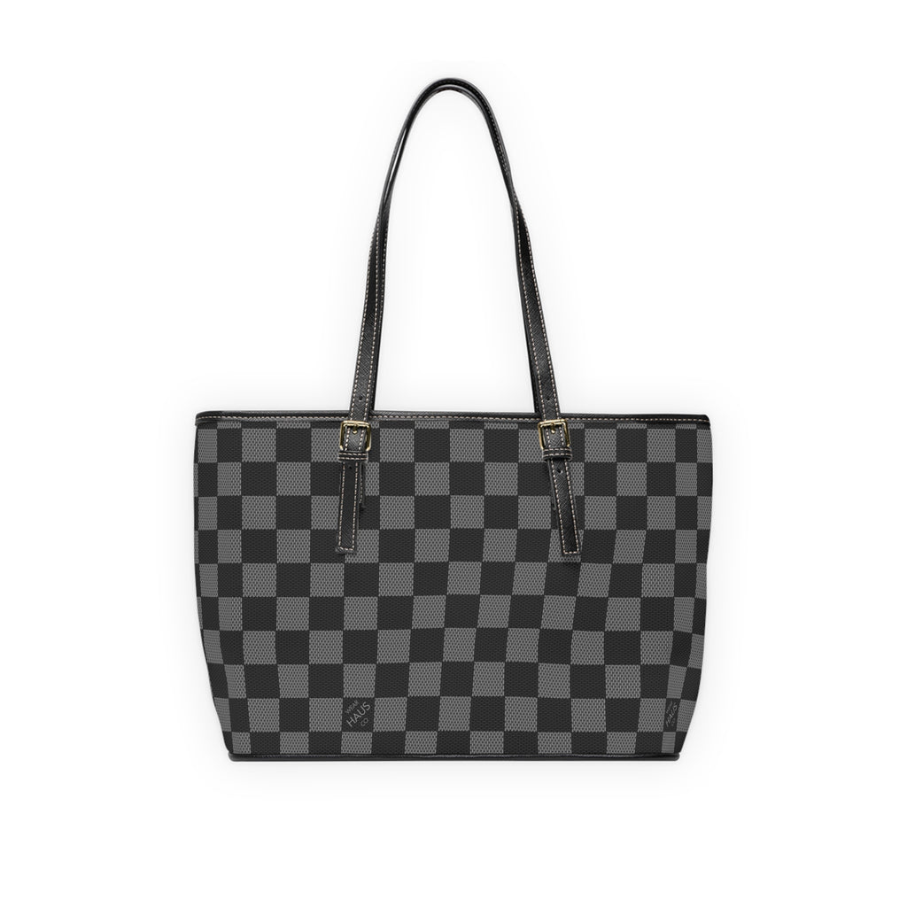 Checkerboard PU Leather Shoulder Bag — Black Gray Tote