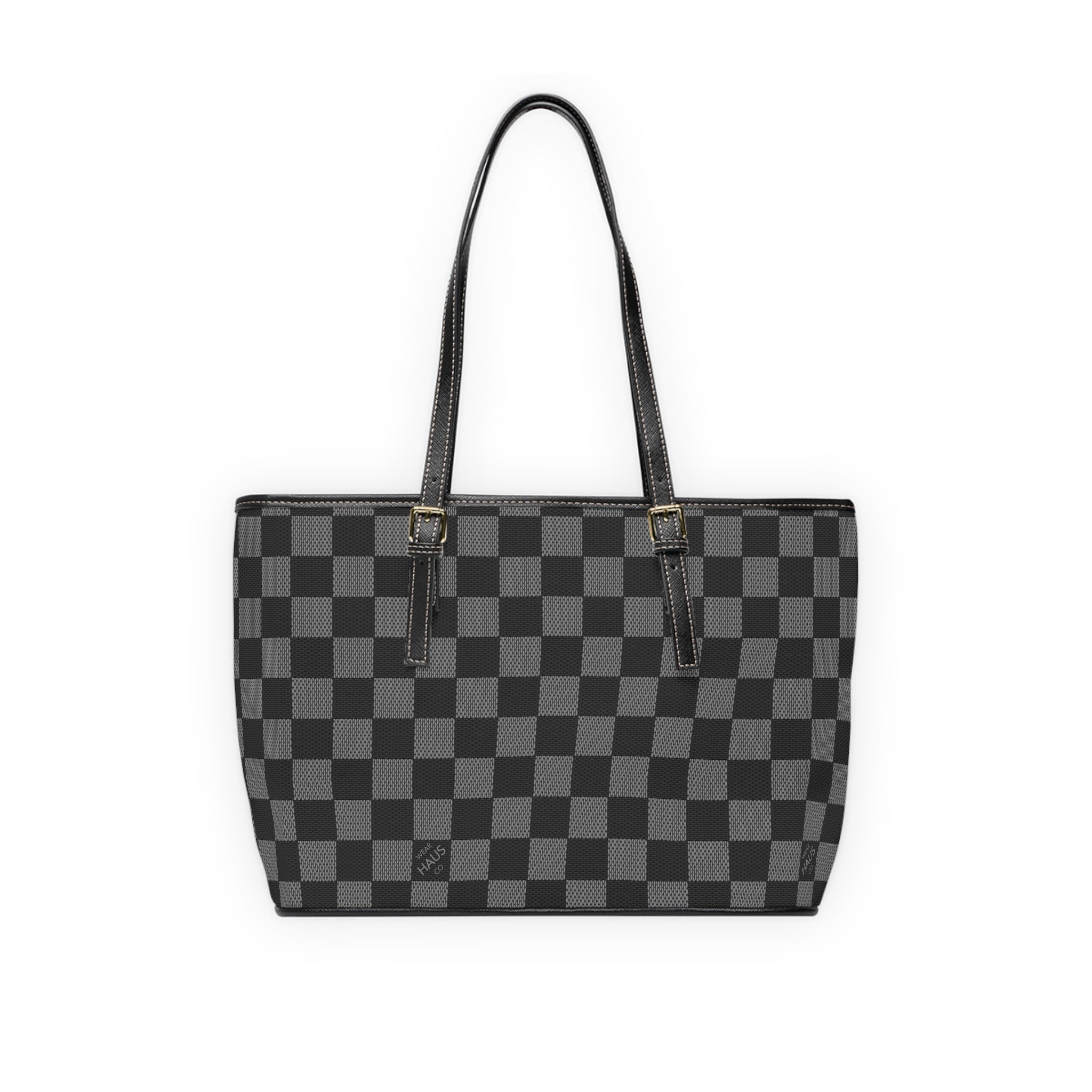 Checkerboard PU Leather Shoulder Bag — Black Gray Tote