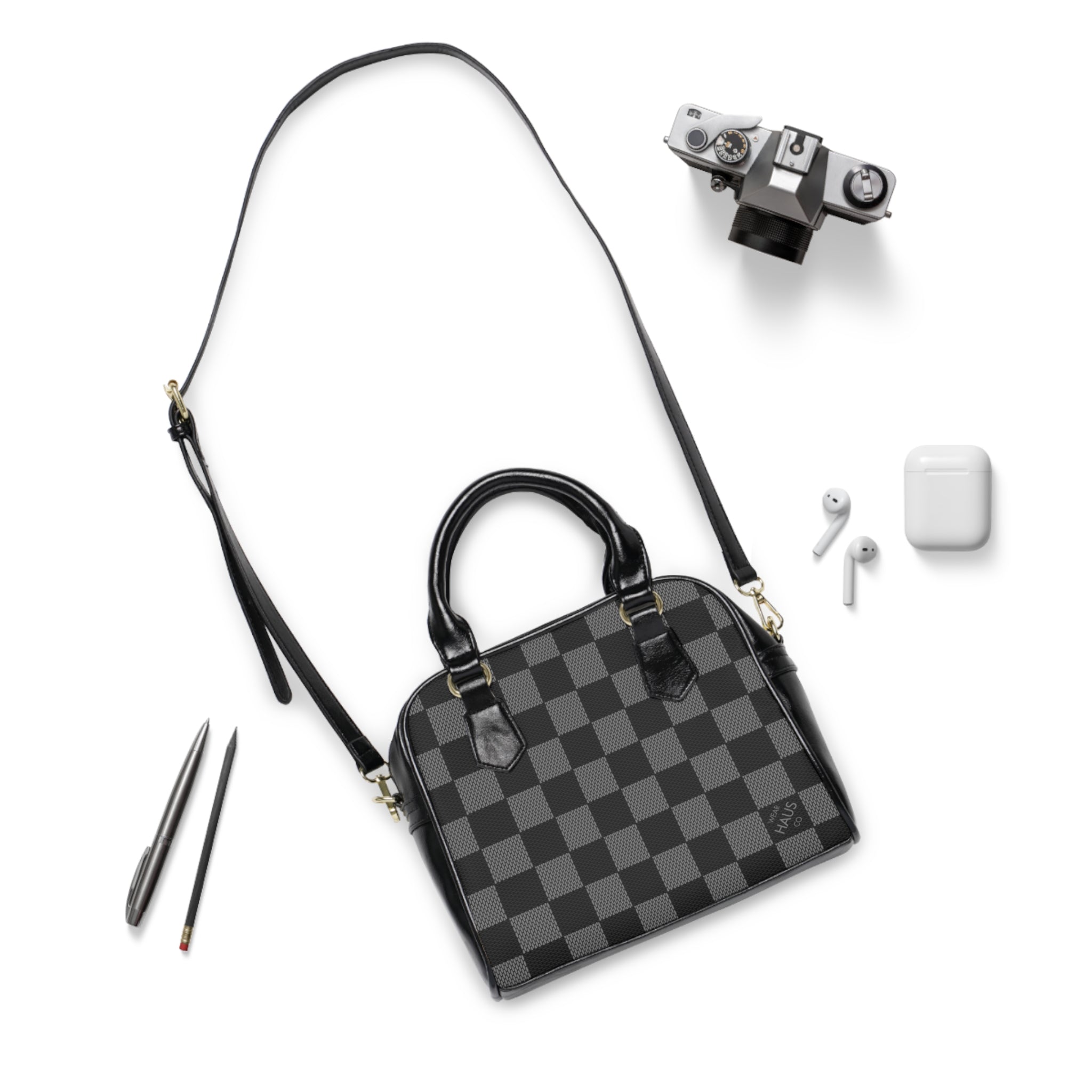 Checkerboard Shoulder Handbag — Black Gray Plaid Tote