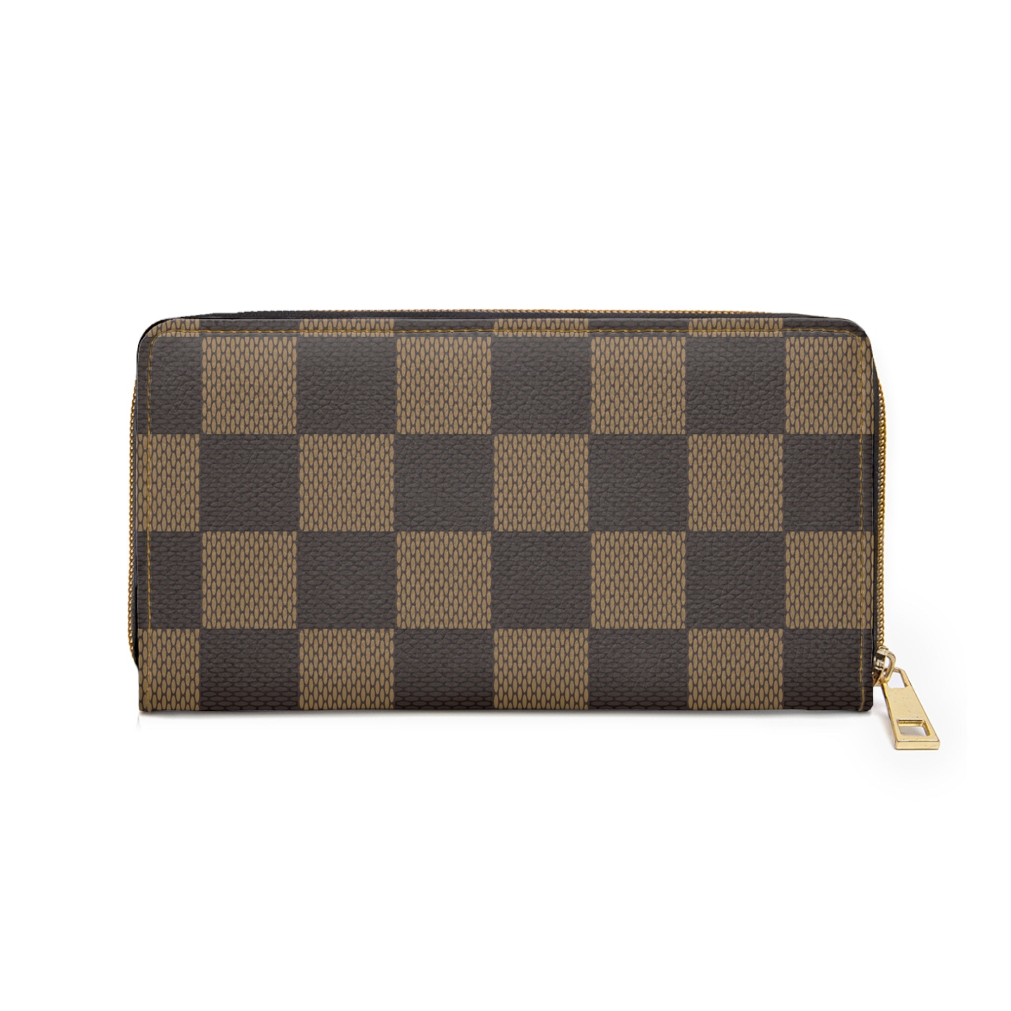 Checkerboard Zipper Wallet — Brown Plaid Travel Wallet with Gold Zip