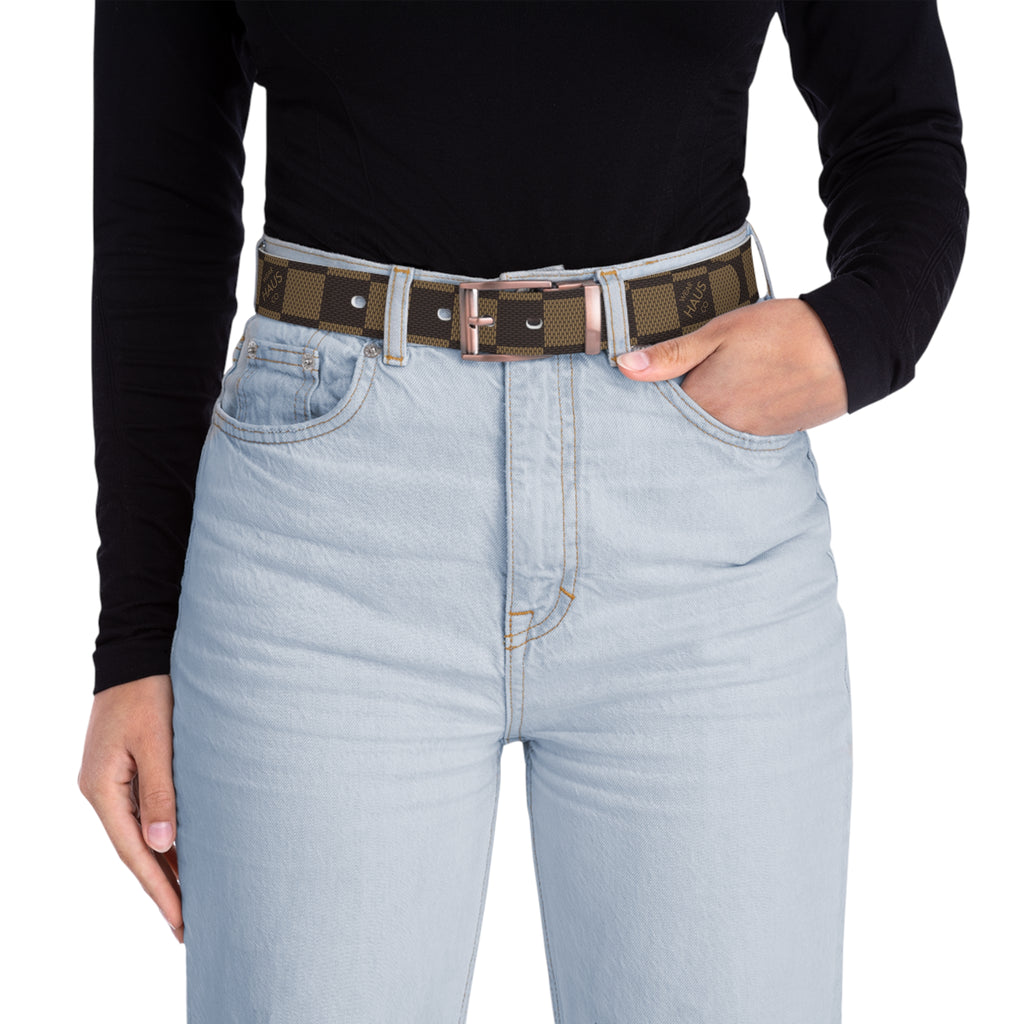 Checkered Brown Fashion Belt — Classic Plaid Casual Waist Accessory