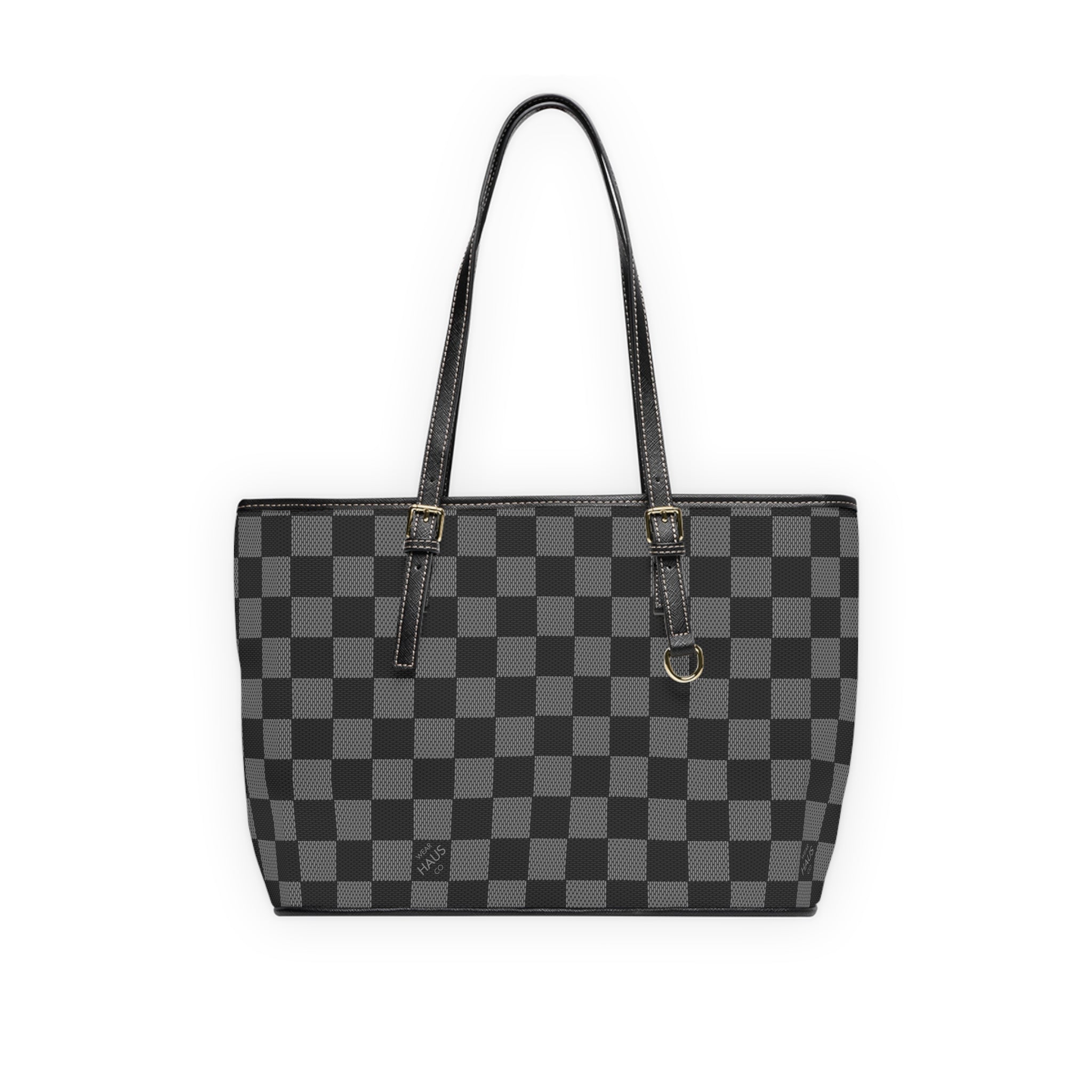 Checkerboard PU Leather Shoulder Bag — Black Gray Tote