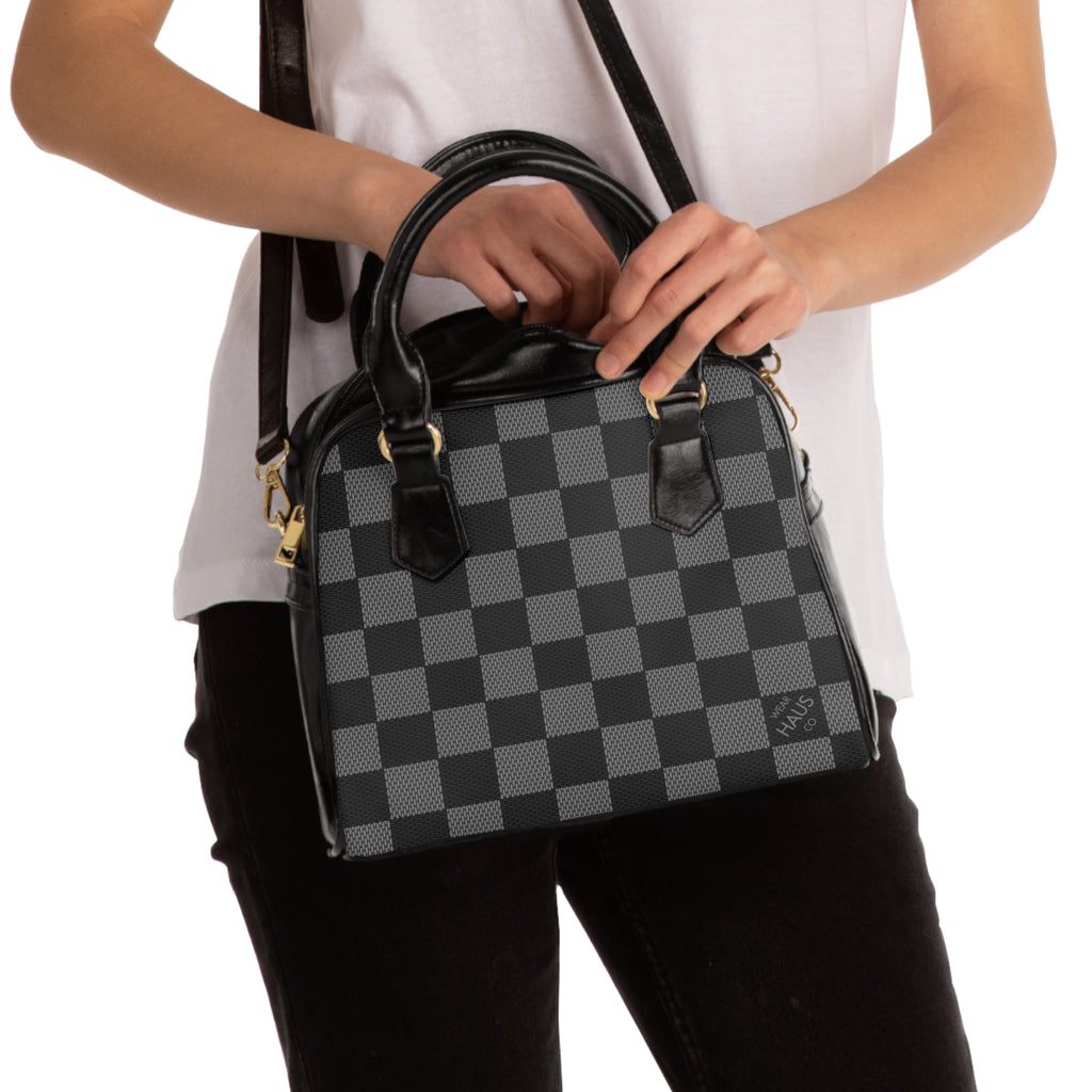 Checkerboard Shoulder Handbag — Black Gray Plaid Tote
