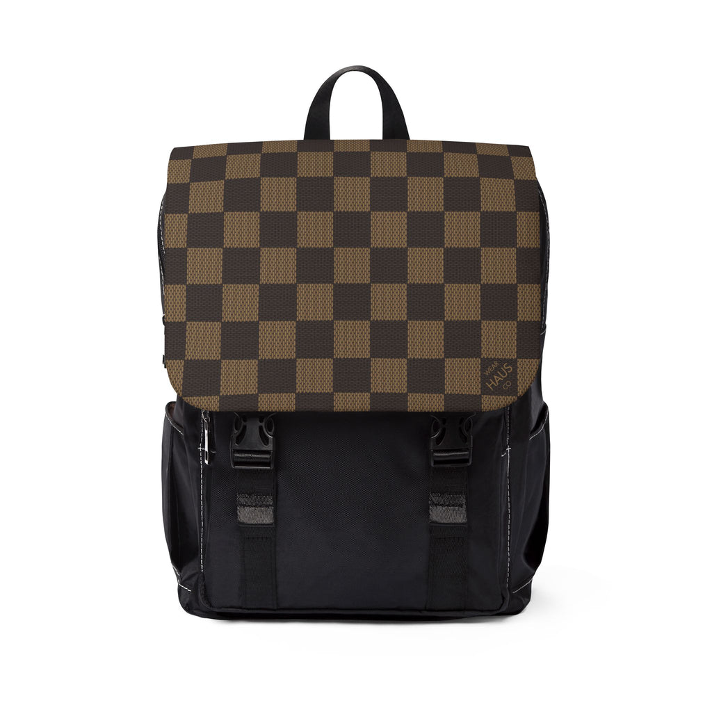 Checkerboard Canvas Shoulder Backpack — Brown Plaid Casual Travel Pack