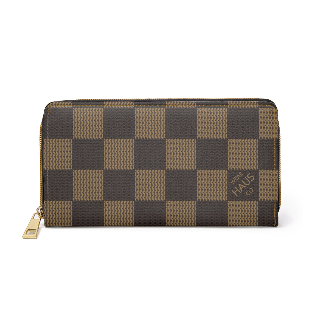 Checkerboard Zipper Wallet — Brown Plaid Travel Wallet with Gold Zip