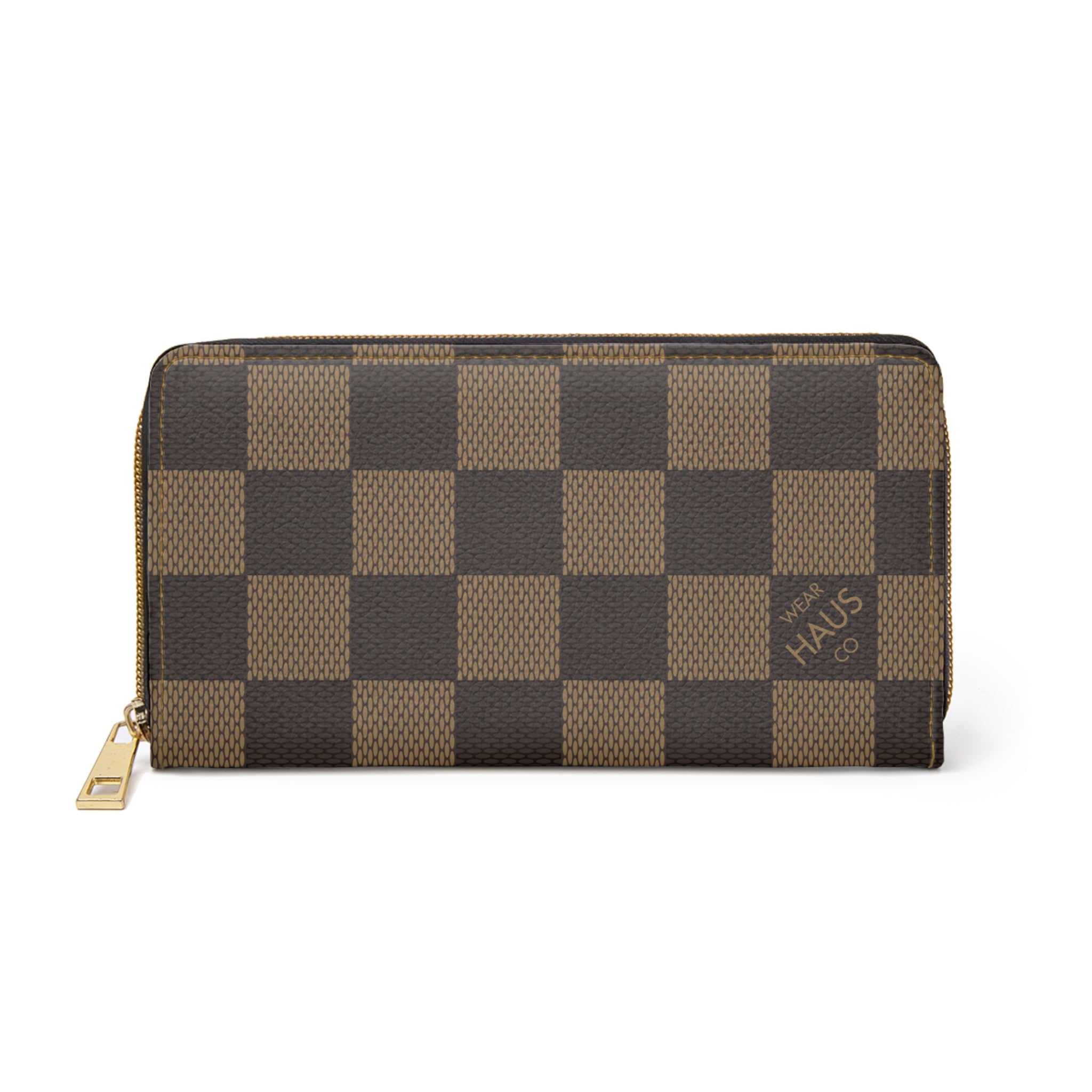 Checkerboard Zipper Wallet — Brown Plaid Travel Wallet with Gold Zip