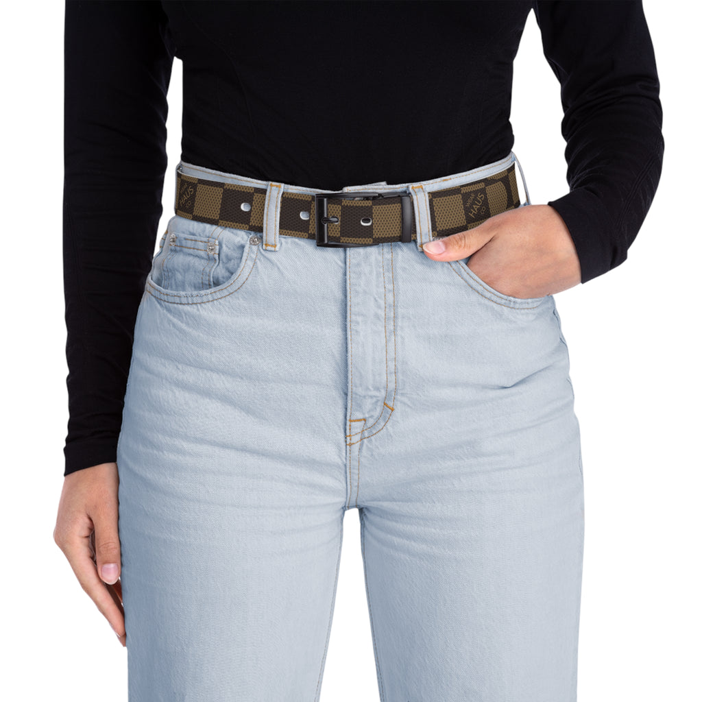 Checkered Brown Fashion Belt — Classic Plaid Casual Waist Accessory