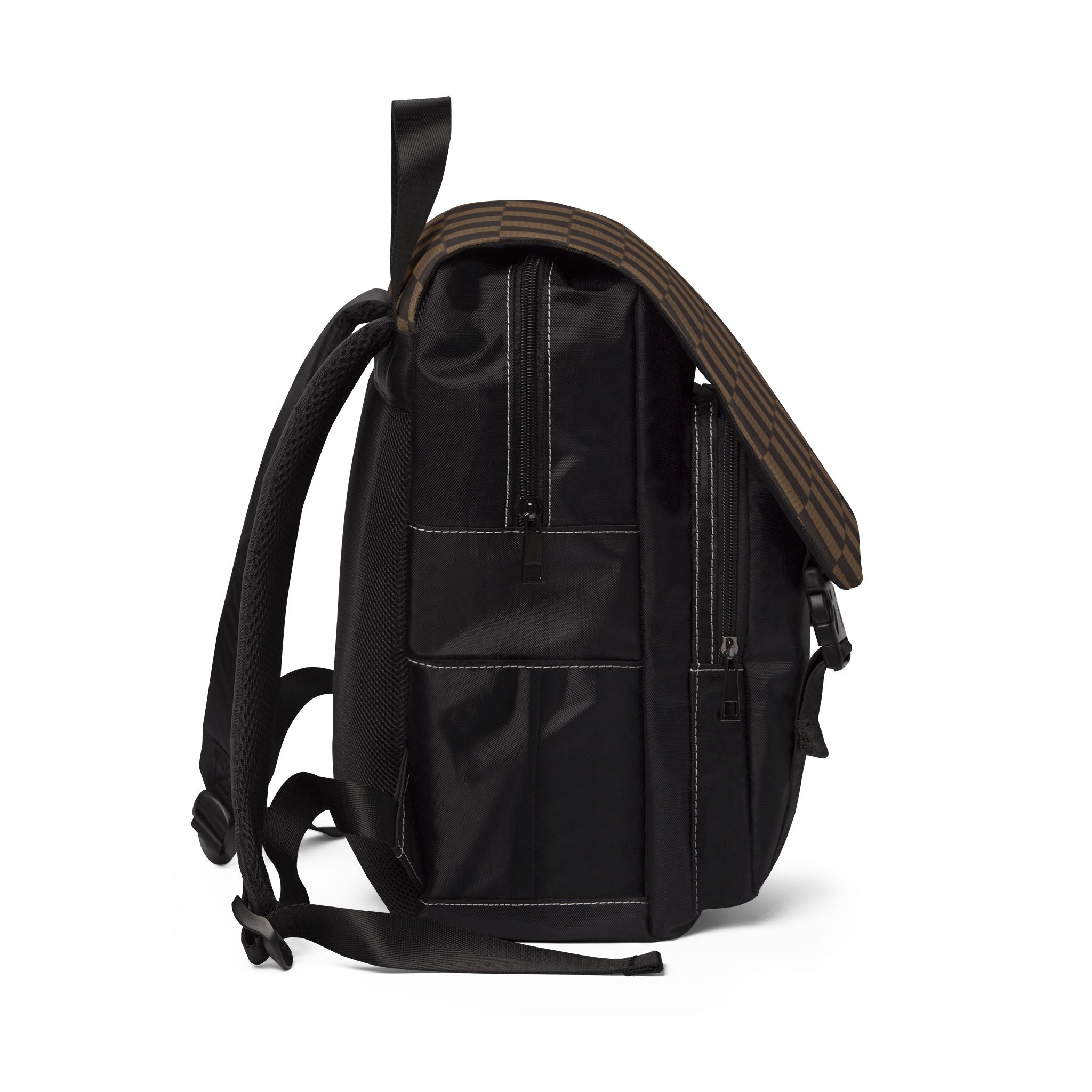 Checkerboard Canvas Shoulder Backpack — Brown Plaid Casual Travel Pack