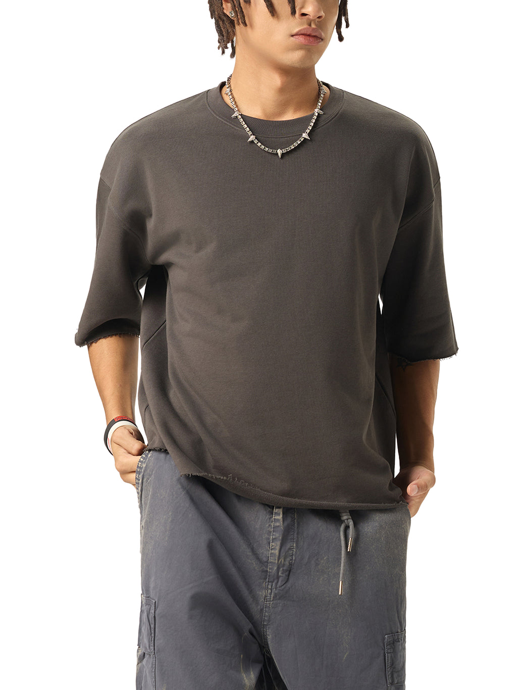 Boxy Half-Sleeve Raw-Edge T-Shirt