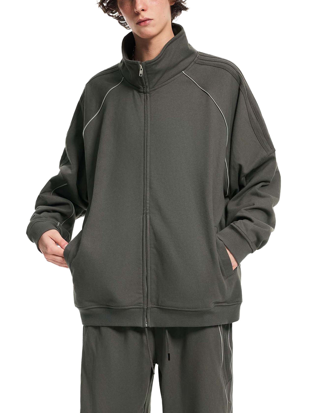 Reflective,Striped,Raglan,Full Zip,Jacket
