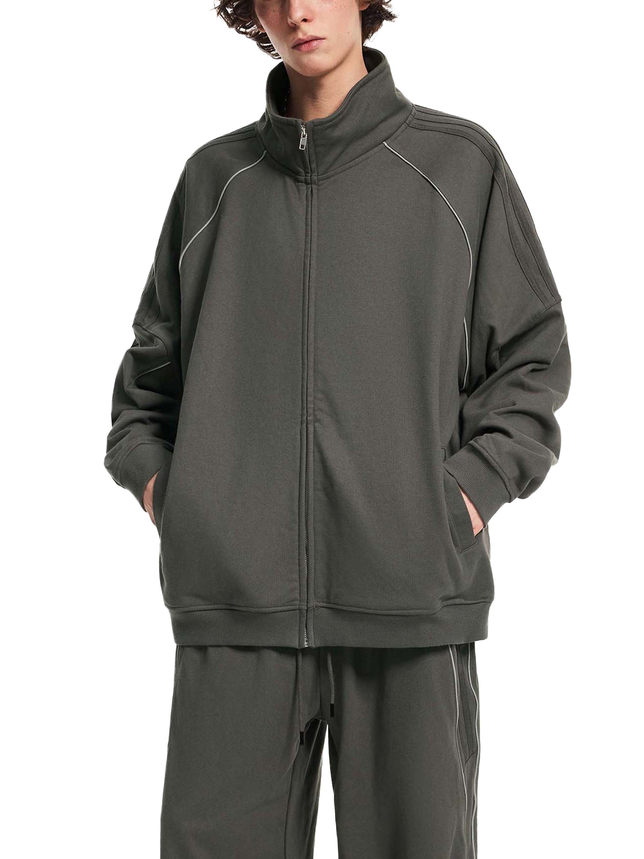Reflective,Striped,Raglan,Full Zip,Jacket