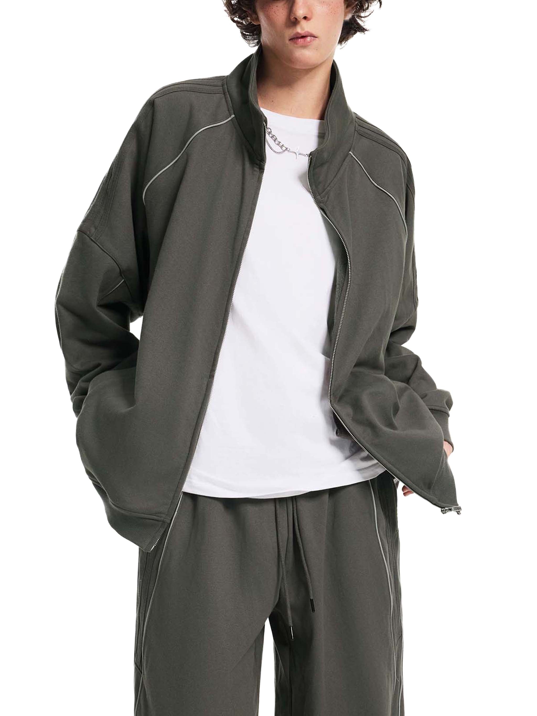 Reflective,Striped,Raglan,Full Zip,Jacket