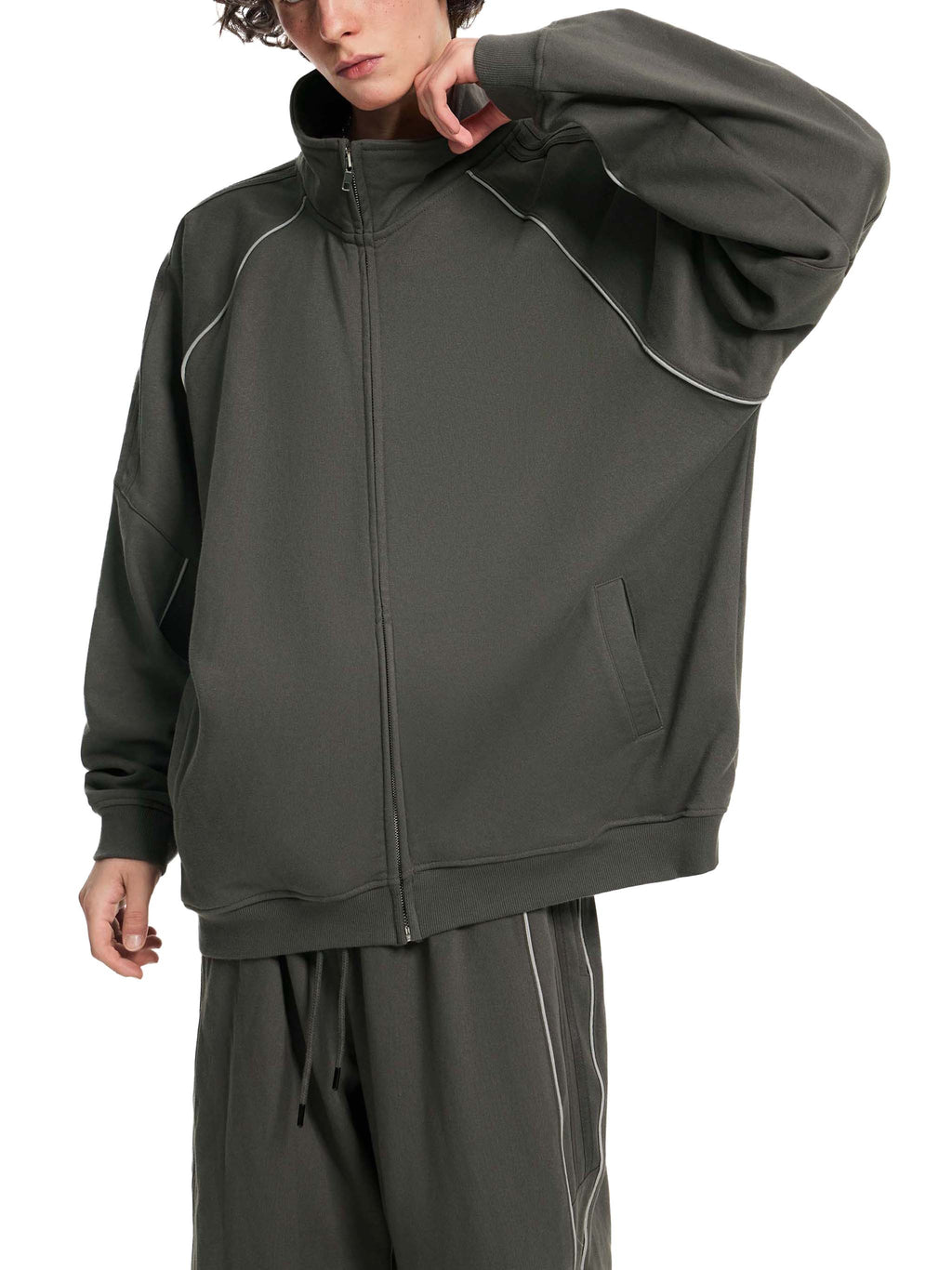 Reflective,Striped,Raglan,Full Zip,Jacket