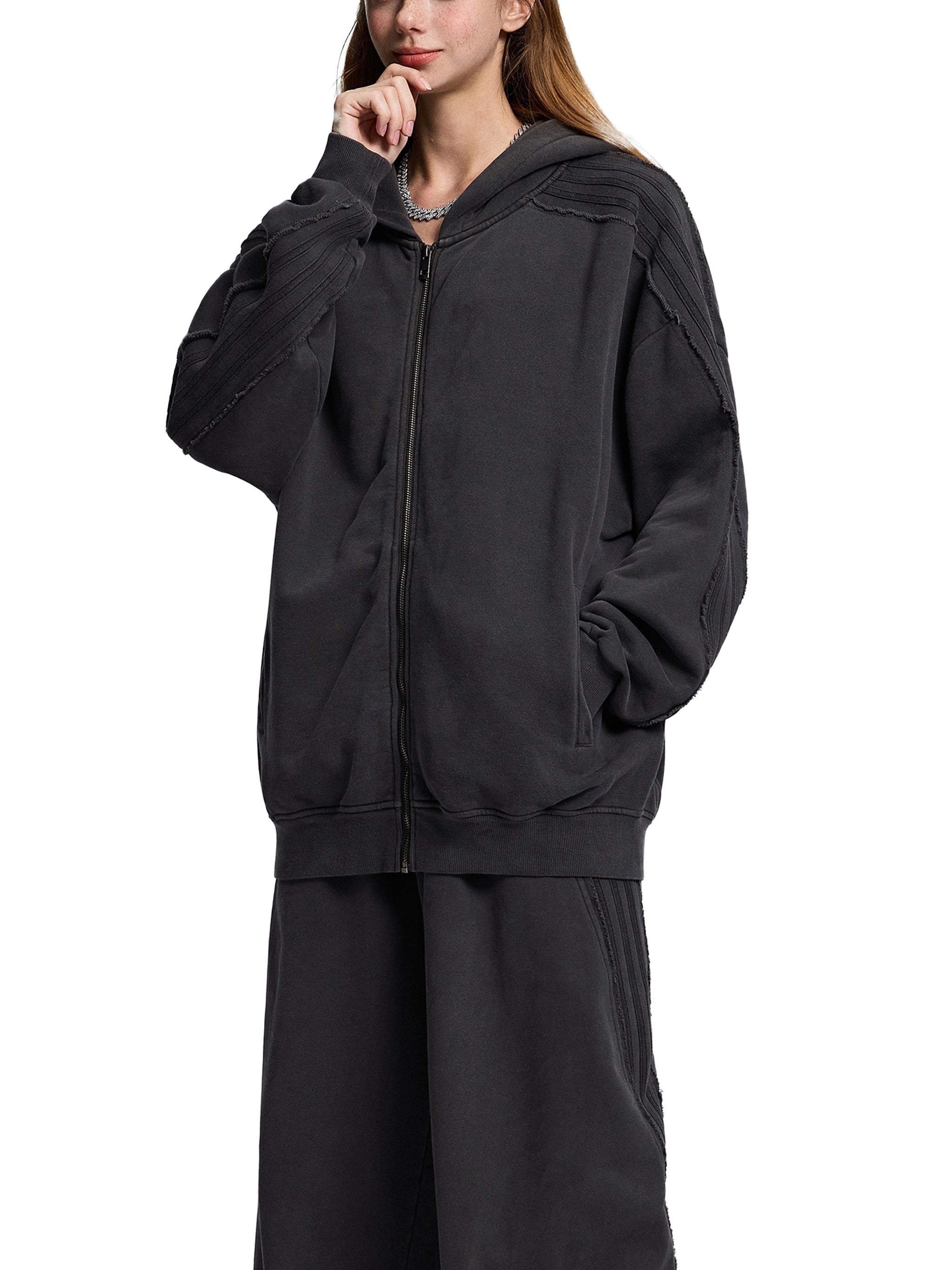 Snow Washed,Tape,Raw Edge,Full Zip,Hoodie