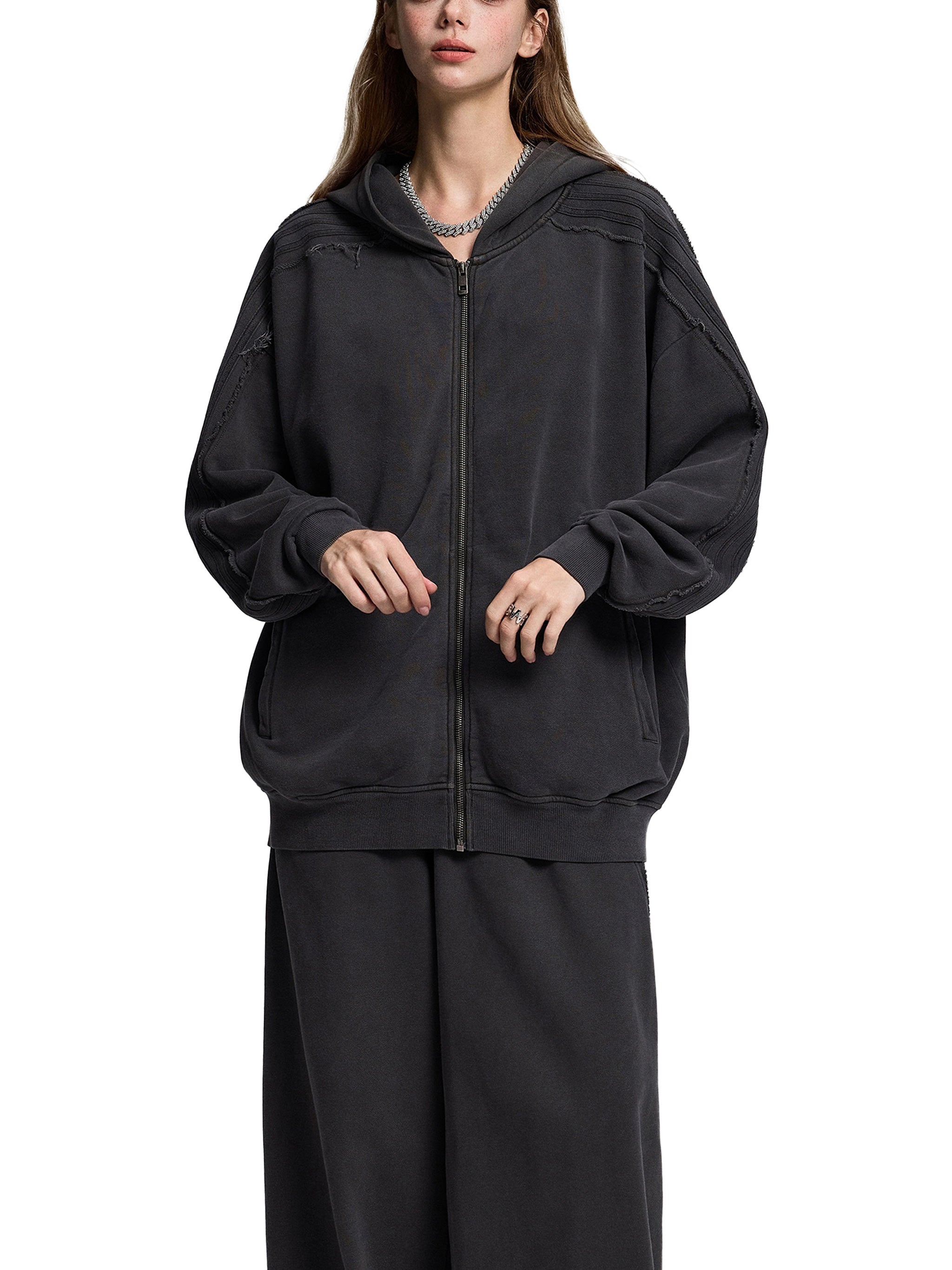 Snow Washed,Tape,Raw Edge,Full Zip,Hoodie